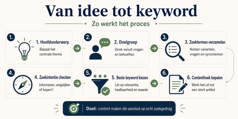 Visualisering van het keyword research proces: van idee naar keyword in zeven stappen met praktische voorbeelden.